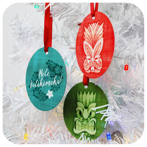 Three Tiki Christmas Tree Decorations hanging on white Christmas Tree | The Inkabilly Emporium