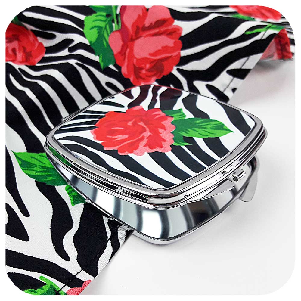 Zebra Print Compact Mirror with Red Rose | The Inkabilly Emporium