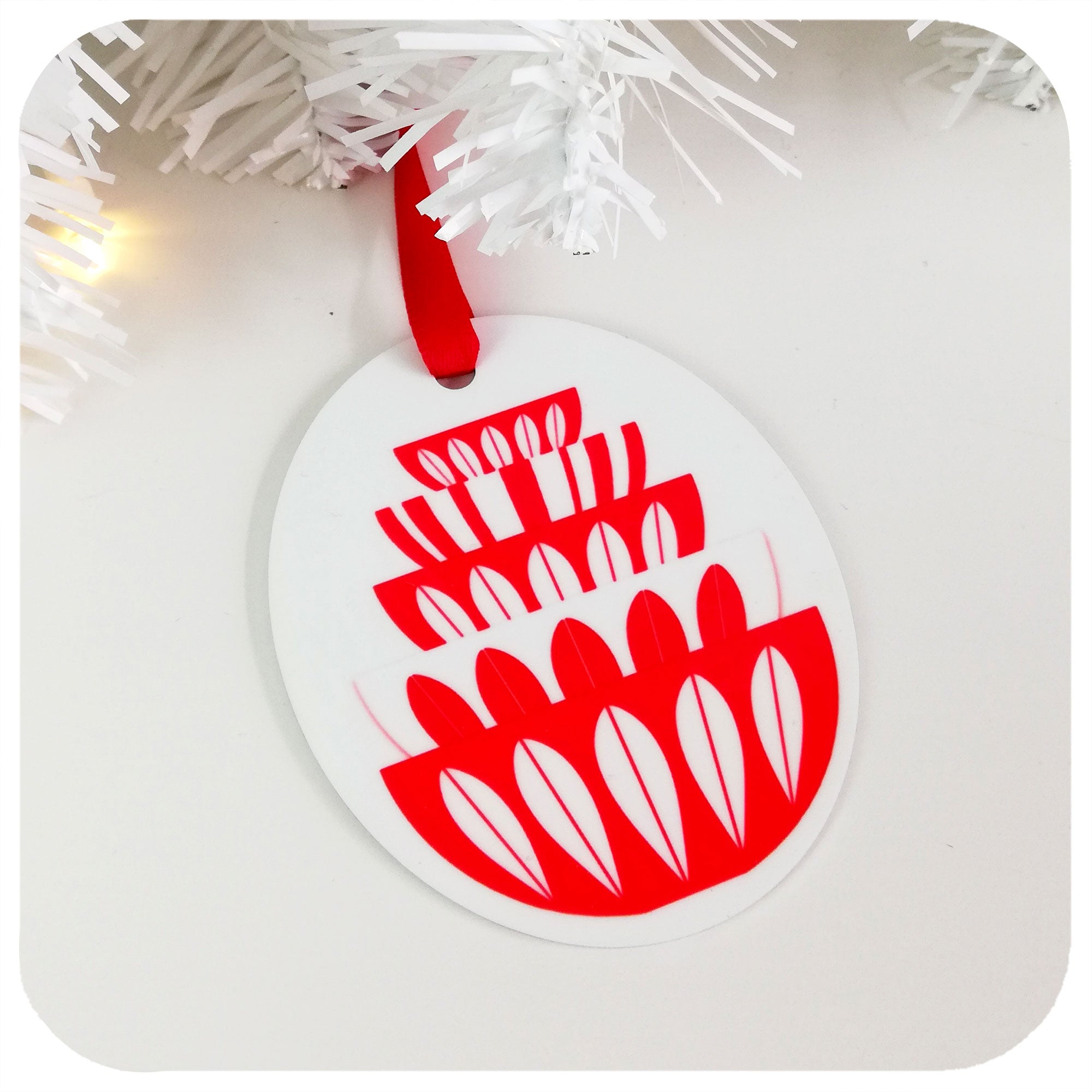 Christmas Tree Decoration with image of Cathrineholm bowls in red & white, laying flat on table | The Inkabilly Emporium