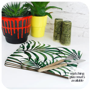 Palm Leaf Print Placemats on a table with plants and Tiki Cruet Set | The Inkabilly Emporium