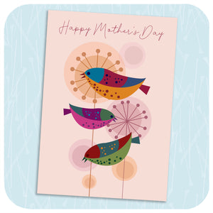 Happy Mother's Day Card featuring three retro birds on alliums | The Inkabilly Emporium